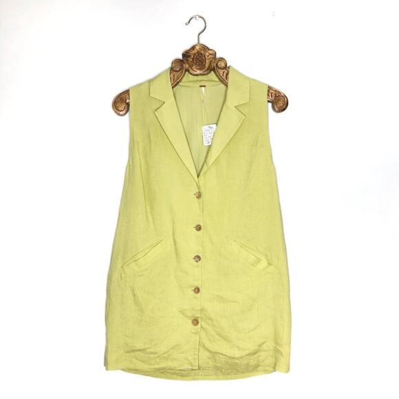 Free People Linen Mini Shirt Dress Button Front Neon Avocado Green New With Tags - Picture 1 of 11